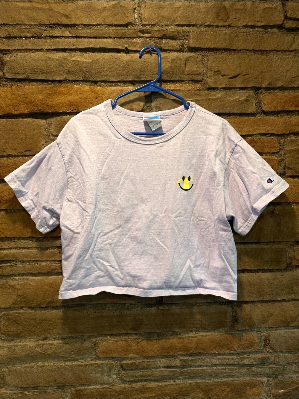 Champion Lavender Cropped Tee with Yellow Smiley Size Large